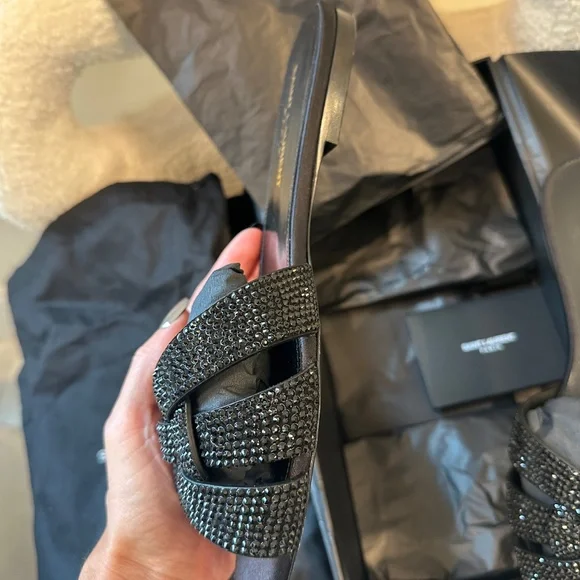 Saint Laurent Tribute Rhinestone Suede Sandal - Picture 6 of 11